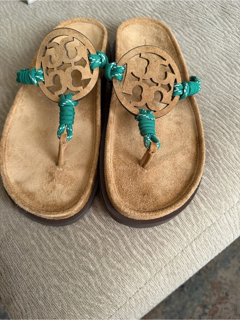 Tory Burch Tan Suede Sandals with Teal Rope Detail